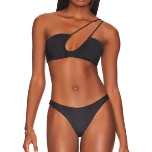 익스트림 마이크로 비키니 모델 솔리드 블랙 컬러 1 어깨 2 장 비키니 비치웨어 섹시한 여성 수영복