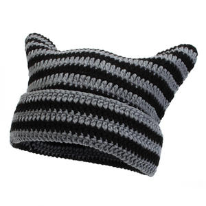 Imp rayé bonnet en tricot grande circonférence de la tête bonnet en <span class=keywords><strong>laine</strong></span> enfants mignon oreilles de chat pointu sur la tête bonnet de protection des oreilles - Product Image 2