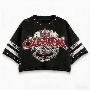 Camiseta de hombre con estampado gráfico DTG, 100% algodón, negra lavada, con pedrería, corte cropped y estilo boxy, venta al por mayor del fabricante - Product Image 1