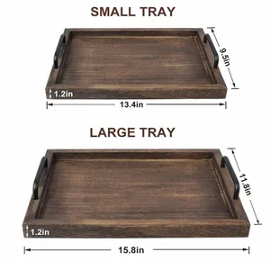 Custom Eco-friendly Rustic Wooden Tray Acacia Wood Tray Black Metal Handle