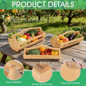 Wooden Harvest <b>Basket</b> With Handles Rectangle Handmade For Fruits Vegetables Kitchen <b>Storage</b> - Product Image 2