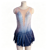 Robe de patinage artistique sans manches en maille dégradée bleue, dos en V profond, jupe ornée de strass pour filles adultes, compétition et performance