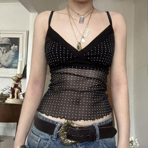 Camisola Sexy de Mujer con Encaje, Escote Cruzado en V, Estampado de Lunares, Tirantes Finos, Ajustada, Corta, Moderna, Top de Verano - Product Image 3