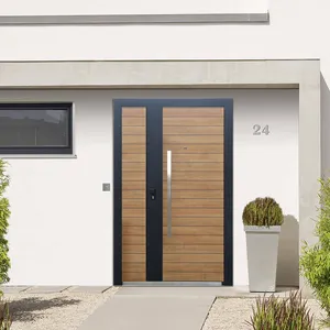 Puerta de acero metálica blindada externa con impresión de grano de madera de lujo personalizada con manija grande para casas