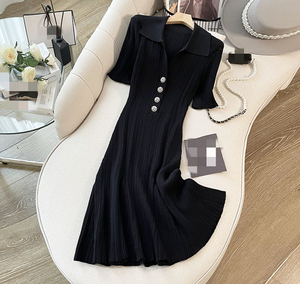 Vestido midi de punto acanalado para mujer con solapa, manga corta, detalle de botones, ajustado, con dobladillo acampanado, elegante para oficina o uso casual - Product Image 2