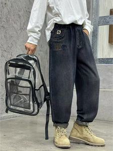 กางเกงคาร์โก้ขาตรงทรงหลวมสำหรับวัยรุ่นแถบรัดกลางแบบยืดหยุ่นผ้าไม่ยืดสีทึบมีกระเป๋าสีจาง - Product Image 4