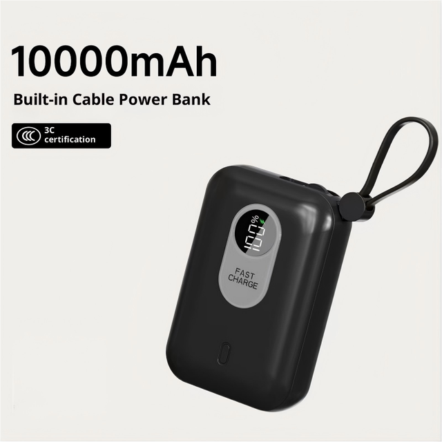 10000mAh Li-Polymer Battery Fast Charging Power Bank Built-in Cable High Capacity Ultra Slim Portable Charger