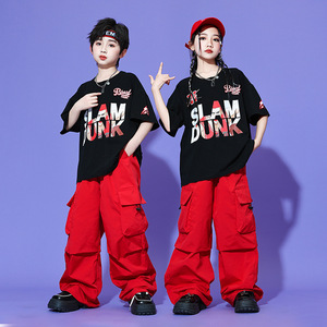 Traje de <span class=keywords><strong>Baile</strong></span> Hip Hop para Niños, Camiseta Negra con Estampado Slam Dunk, Pantalones Cargo Rojos Holgados, Ropa para Actuaciones en Escenario - Product Image 2