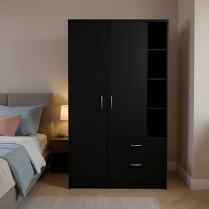 Armoire à double porte Cartagena avec un tiroir, cinq étagères, design moderne, meubles de chambre à coucher, porte à charnières en MDF noir - Product Image 2