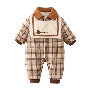 High quality boys' checkered jumpsuit baby thickened single breasted cotton romper newborn winter comfortable warm clothing
