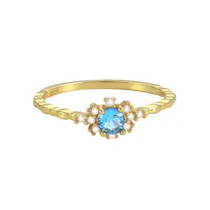 Gold Plating Sterling Silver Blue Zircon Flower Ring Snowflakes Sapphire Ring Finger Rings For Girls Women wedding Jewelry