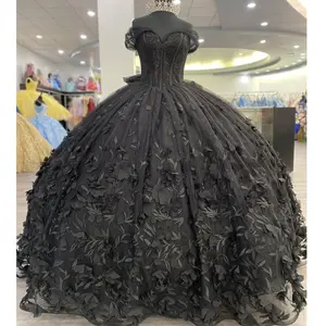 QD1610 Black Off The Shoulder Tulle Quinceanera Dresses Princess 3D Flowers Beading Sweet 16 Ball Gown Pageant Party Lace-Up