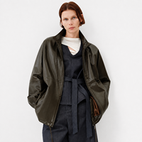 Veste coupe-vent vintage d'hiver pour femme, courte, à capuche, zippée, en cuir d'agneau véritable teint uni, style Gorpcore décontracté, vert rétro