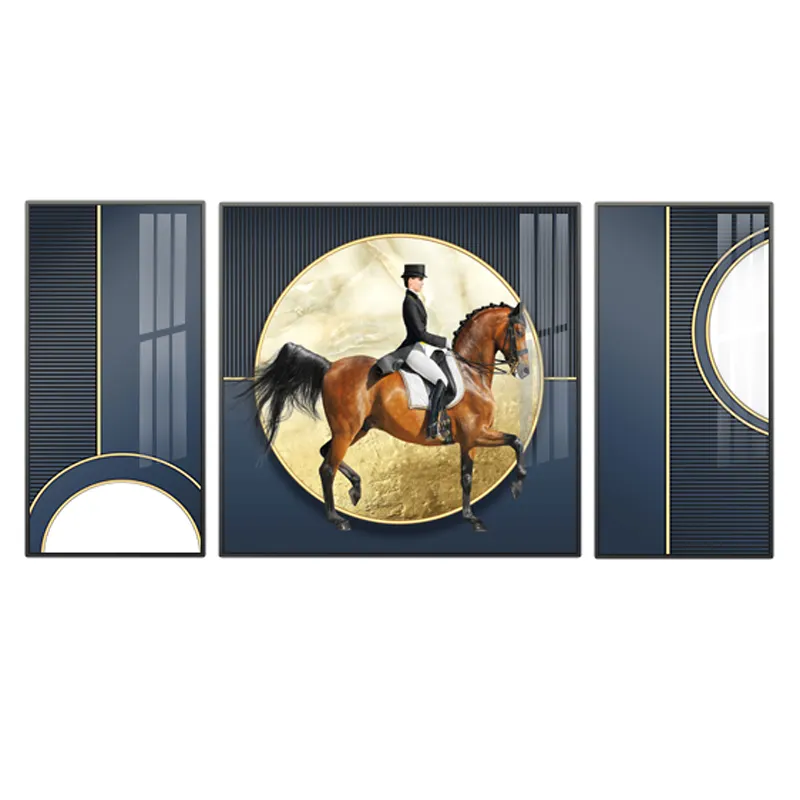 Custom geometric color knight horse triptych decorative wall painting