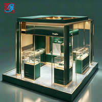 Kiosque de centre commercial personnalisé avec éclairage LED carré, cadre vert et or de luxe, comptoir de présentation de montres complet, design de stand