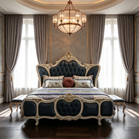Lit King Size Grand Royal en Bois Massif avec Tête de Lit Rembourrée en Cuir de Vachette Indigo Profond et Boutons – Ensembles de Chambre à Coucher