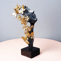 En stock, vente en gros : Statue de visage de femme papillon en résine pour salon, sculpture artisanale dorée pour bureau