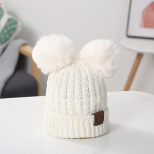 Custom Label Solid White Brown Warm Winter Kids Knitted Hat Single-cuff Cute Double <strong>Pom</strong> <strong>Pom</strong> Children Winter <strong>Beanie</strong> Hats - Product Image 4