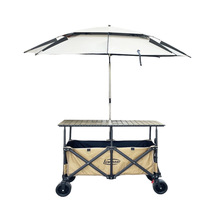 Chariot de Vente Ambulant Pliable Tout-Terrain avec Roues Métalliques 120/72, Grande Table Élargie, Parasol, pour Camping et Activités Extérieures