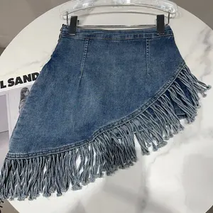 OUDINA New Arrivals Hot Girl Beveled Fringed Tassel Casual Edge Decorated Women's Jean Skirts Washed Denim Skirt