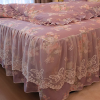 Ensemble de literie en coton 40S à fleurs romantiques lavande, jupe de lit à volants avec attaches aux coins, 4 pièces