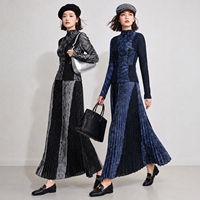 Ensemble deux pièces plissé pour femme, imprimé ciel étoilé, haut à col montant et manches longues & jupe longue, style Miyake élégant, vente en gros
