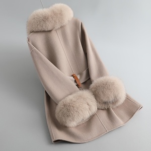 Abrigo de Cachemira negro al por mayor de fábrica con puños de cuello de piel de zorro Real, abrigo de piel elegante para mujer, gabardina mediana de lana - Product Image 4
