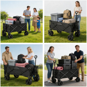 Carrello Pieghevole per <span class=keywords><strong>Campeggio</strong></span> all'Aperto per Bambini, 4 Ruote, Doppi Freni, Reclinabile, Carrello da Picnic, Carrello Mobile, Nero - Product Image 4