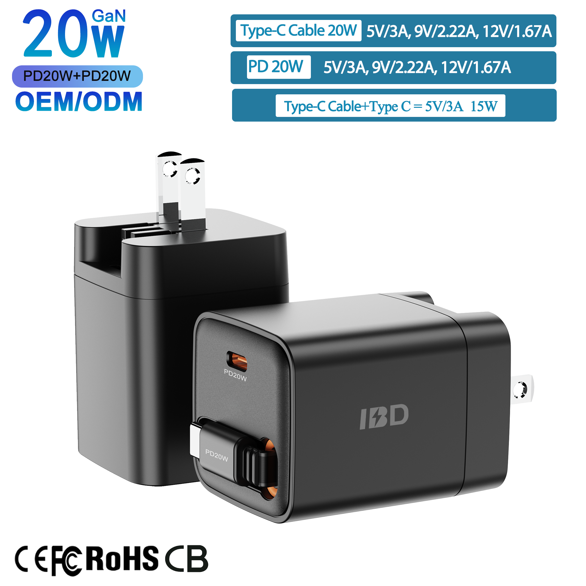 Cargador Rápido de 20W 2C con Enchufe US