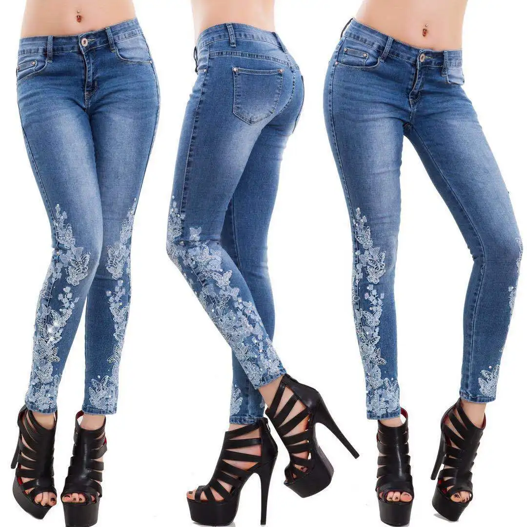 S-5XL Großhandel Europa Frauen Bestickte Blumenmuster Jeans Schlanke Hochela tische Plus Size Hose Hose Casual Jeans