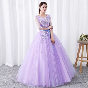 Purple Tulle Ball Gown O-Neck Empire Waist Floral Print Evening Dress For Banquets Parties Art Exam - Product Image 3