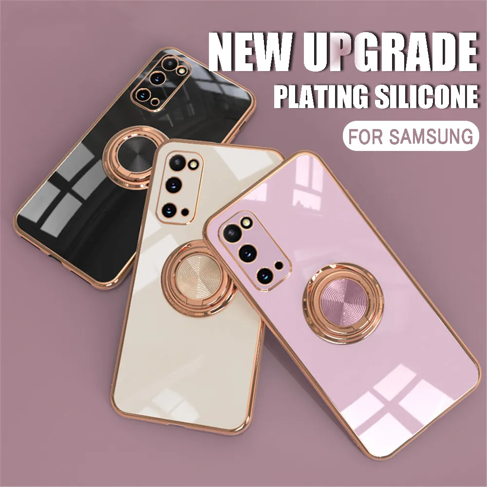 Luxury Soft Silicone Case For Samsung Galaxy S21 S20 FE Plus Metal Ring Holder Cover For Samsung Note 10 20 Ultra Plating Stand