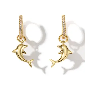 Gemnel fashion jewelry 925 sterling silver 18k gold plated dolphin diamond summer hoop earrings