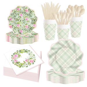 Ensemble de vaisselle sur le thème de la rose verte DAMAI pour fête du thé, anniversaire d'enfants, printemps, assiettes en papier, gobelets, serviettes, ensemble floral à carreaux verts - Product Image 2