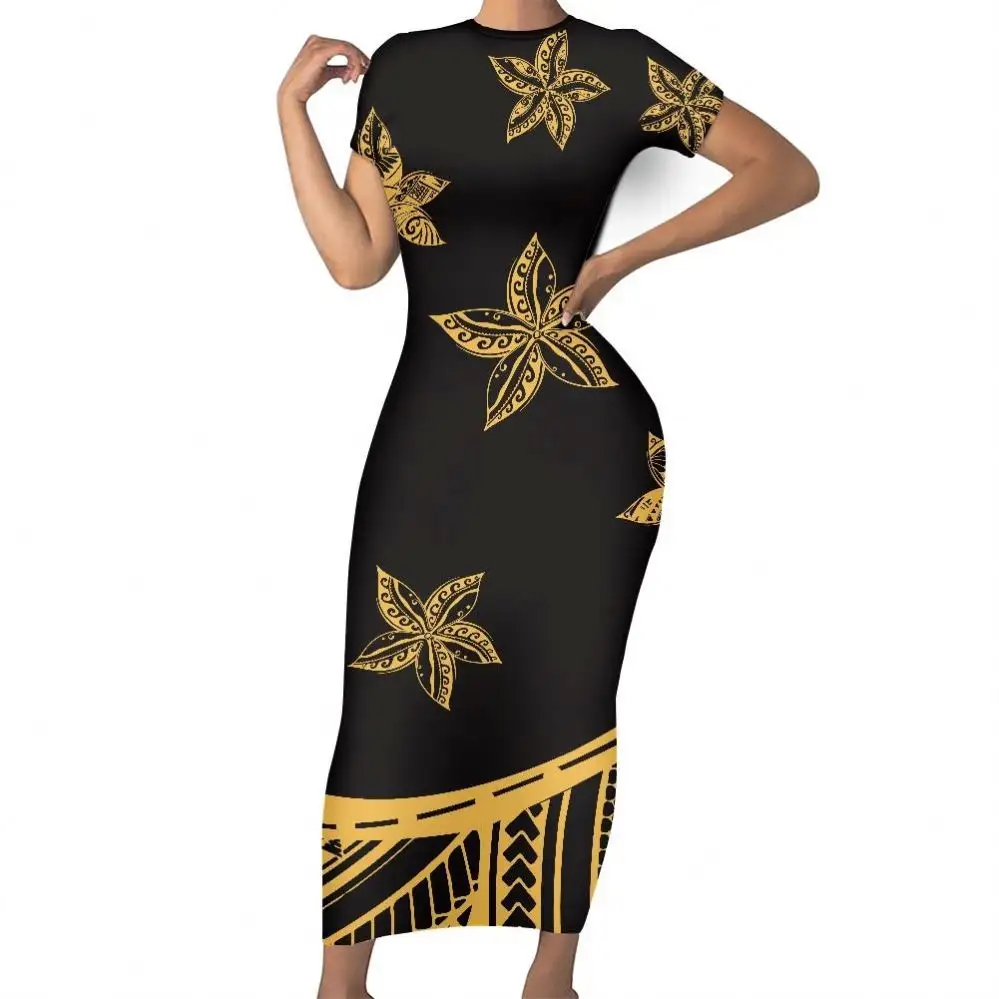 Fleur polynésienne tatouage noir or robes femmes dame élégante à manches courtes robe d'été genou longueur décontracté moulante t-shirt robe