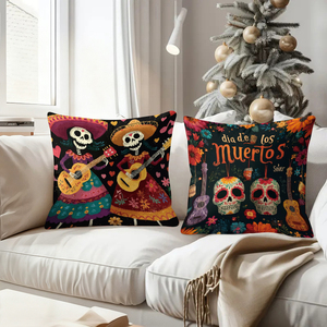 Almohadas decorativas con temática del Día de los Muertos con calaveras y guitarras coloridas para decoración festiva del hogar - Product Image 4