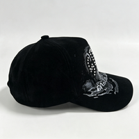 Casquette de baseball personnalisée en daim avec strass, style gothique, crâne, doublure en satin de luxe, noire, certifiée BSCI, usine OEM