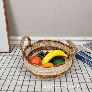 Handmade Woven Storage <b>Baskets</b> Round With Handles For <b>Bread</b> Fruit Snacks Living Room Tabletop Use - Product Image 2