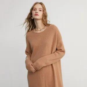 Grosir Elegan Kustom Longgar Lembut Bernapas Ringan Musim Dingin Pullover Panjang 100% Murni Kasmir Sweater Gaun untuk Wanita