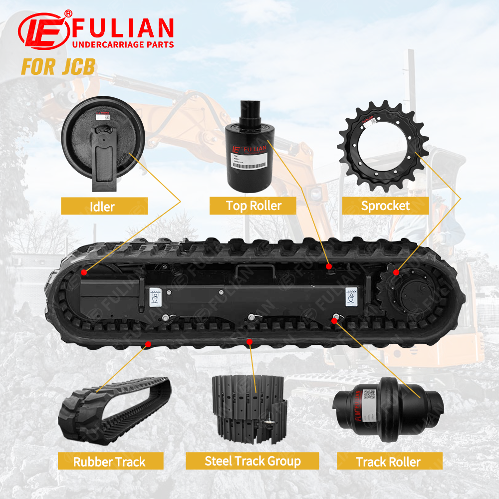굴삭기 하부 구조 예비 부품 고무 트랙 드라이브 스프로킷 트랙 하단 롤러 스틸 트랙 그룹 아이들러 JCB용