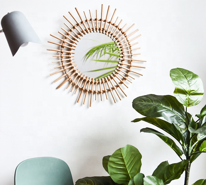 Indonesian rattan dressing makeup mirror creative art decoration round mirror B&B living room porch wall hanging mirror