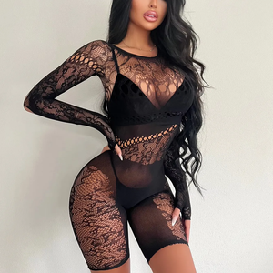 Robe Bodystocking Sexy Manches Longues <span class=keywords><strong>Combinaison</strong></span> Une Pièce Tenue de Danseuse Exotique Body Résille - Product Image 4