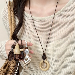 Bead Wood Tone Pendant Necklace <b>Rope</b> Choker Long <b>Chain</b> Necklace for Women Boho Wedding Party Gift - Product Image 5