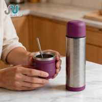 Ensemble de Yerba Mate : Thermos en Acier Inoxydable Plaqué Cuivre 1L avec Couvercle à Bouton Central, Sans BPA, Isolation 24 Heures, Écologique