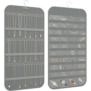 Organisateur de bijoux suspendu double face gris, 36 crochets, 40 poches pour colliers, boucles d'oreilles, montres, pour femmes, moderne, pliable - Product Image 1