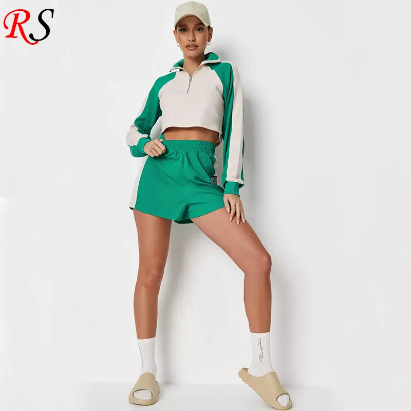 Bloc de couleur gaufre Sport survêtement sweat et shorts ensembles femmes vêtements de sport deux pièces ensembles