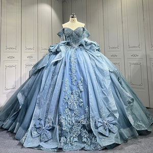 Vestido de Quinceañera Largo hasta el Suelo con Cola de Capilla, Modelo Lsmu176, en Satén Moderno con Estampado Azul para Adolescentes, Jancember - Product Image 5