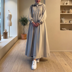 Simple Solid Color Long Sleeve Maxi <b>Dress</b> With Mock Neck And Zipper Elastic Waist A-Line <b>Loose</b> Fit Casual Daily Wear Woven - Product Image 3