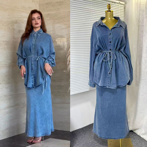 Ensemble en jean rétro et simple, chemise ample à manches longues avec laçage à la taille + une jupe moulante ajustée - Product Image 2