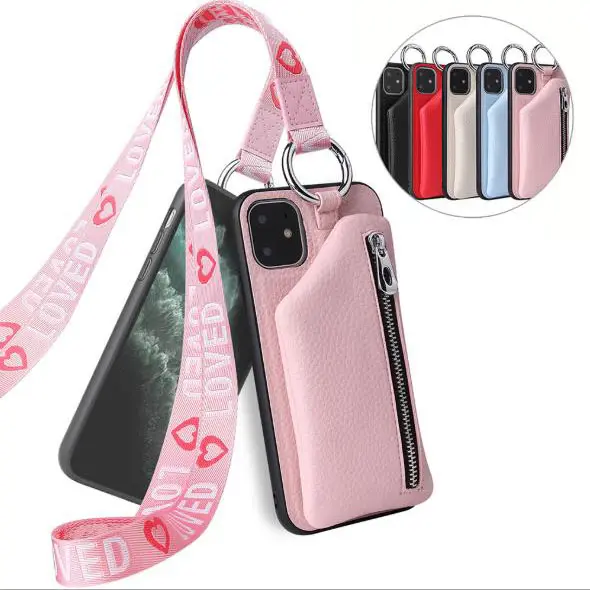 Universal PU leather Smart Cell Phone Lanyard Case with Zipper Coin pouch bag and card pocket fits iPhone and Android Phones